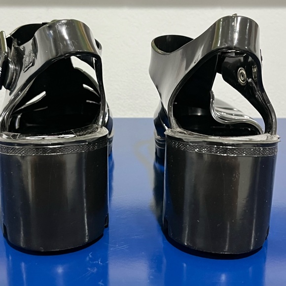 Juju Black Jelly Babe Sandals Sz 8 UK 6 Heels Woven Plastic Buckle Womens Shoes - Picture 4 of 8